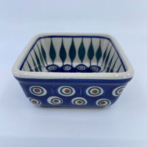 • vintage boleslawiec polish pottery small square side dish"peacock eye" pattern